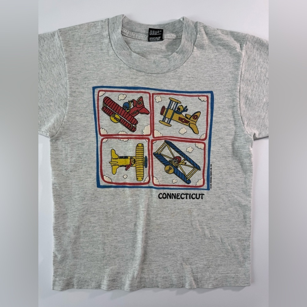 Vintage 1991 Kids Connecticut Airplane Gray Tee Size 10-12 Fruit Of The Loom